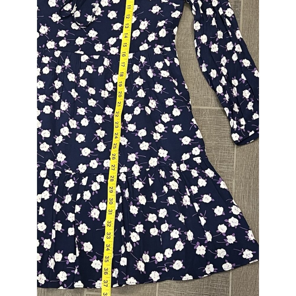 J. Crew Women’s tiered floral midi dress Tie neck Medium size Navy purple - Picture 7 of 14
